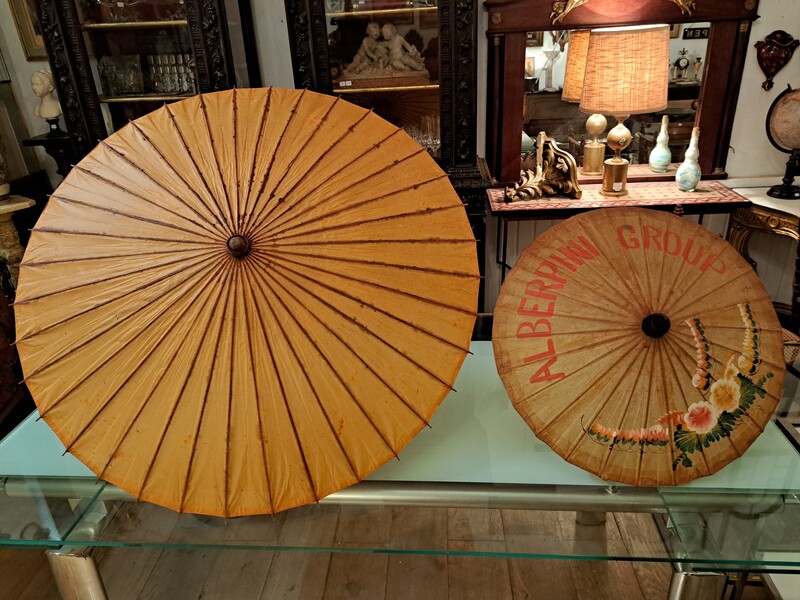 2 asiatic umbrellas in colored rice paper and wood