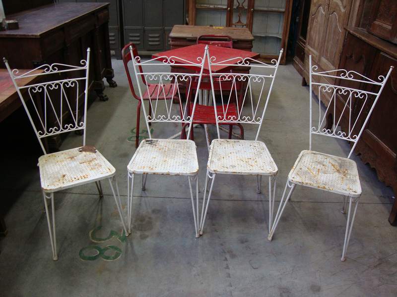 4 white iron garden chairs