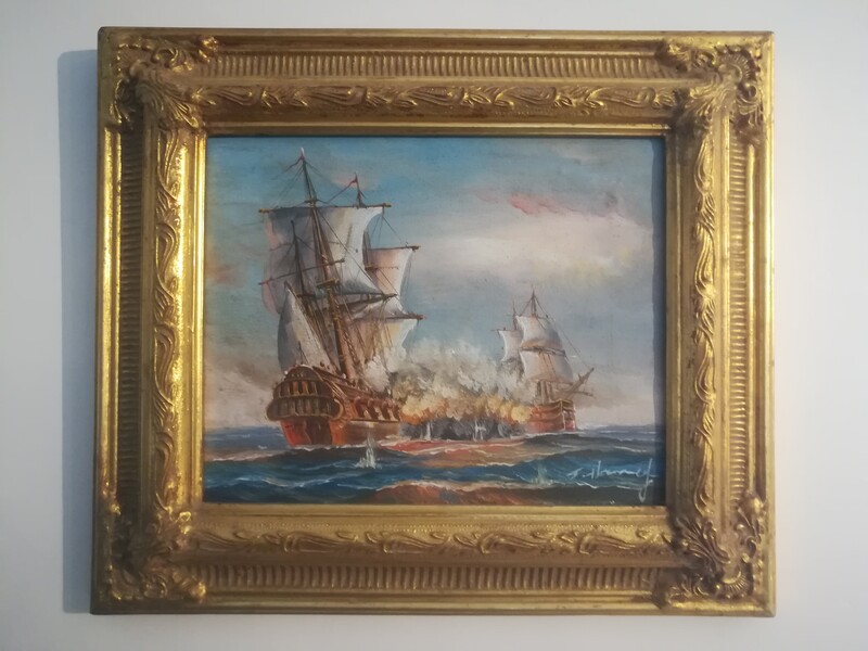 Battleship of XVIIIth century oil on canvas signed in gilt wood frame