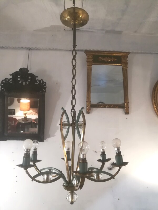 Brass, glass and patinated green Jacques Adnet 6 lights chandelier