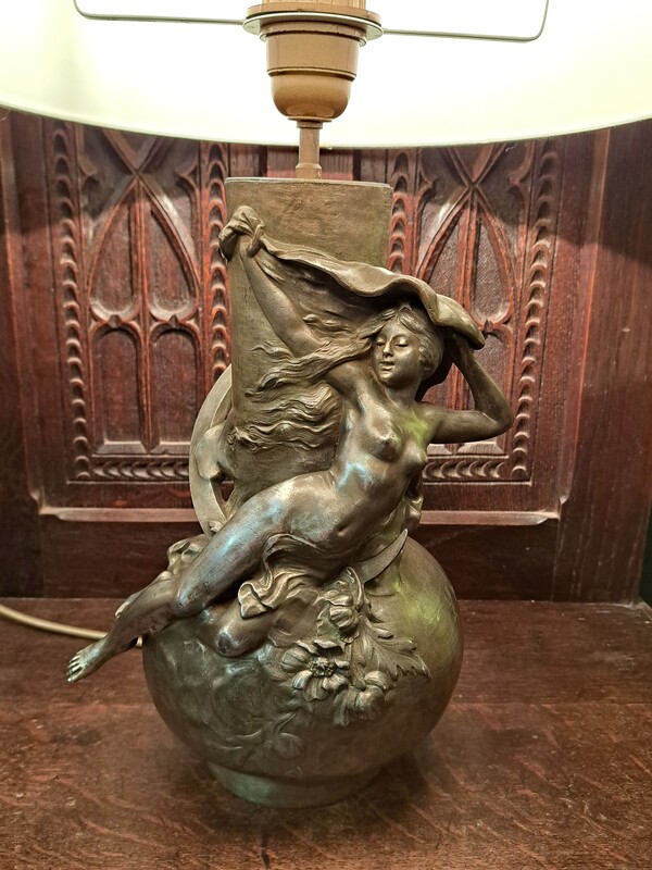 Brushed spelter lamp signed by Louis Moreau