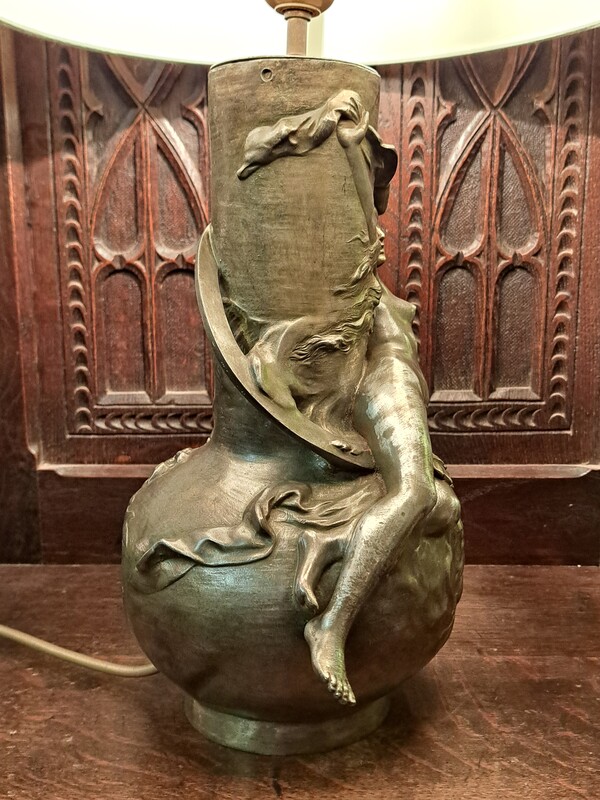 Brushed spelter lamp signed by Louis Moreau