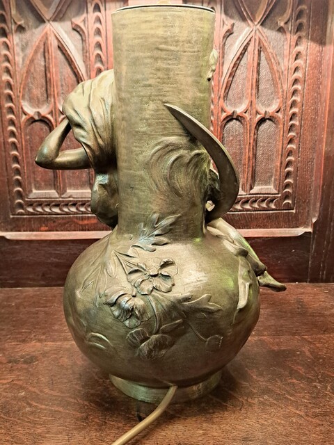 Brushed spelter lamp signed by Louis Moreau