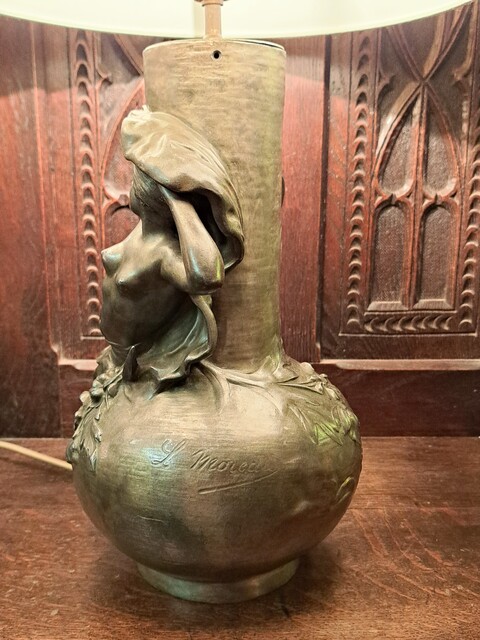 Brushed spelter lamp signed by Louis Moreau