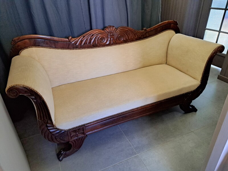 Mahogany and cream velvet Restauration period sofa