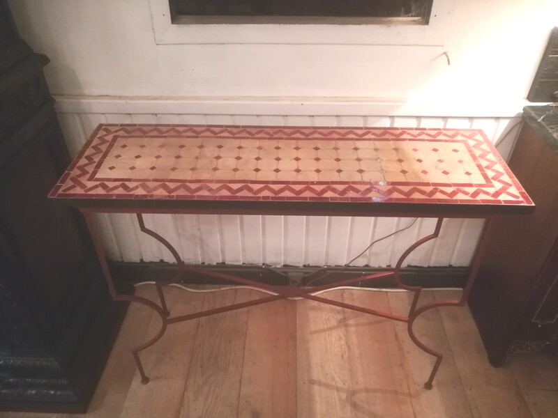 Ceramic mosaic and red lacquered iron wrought console