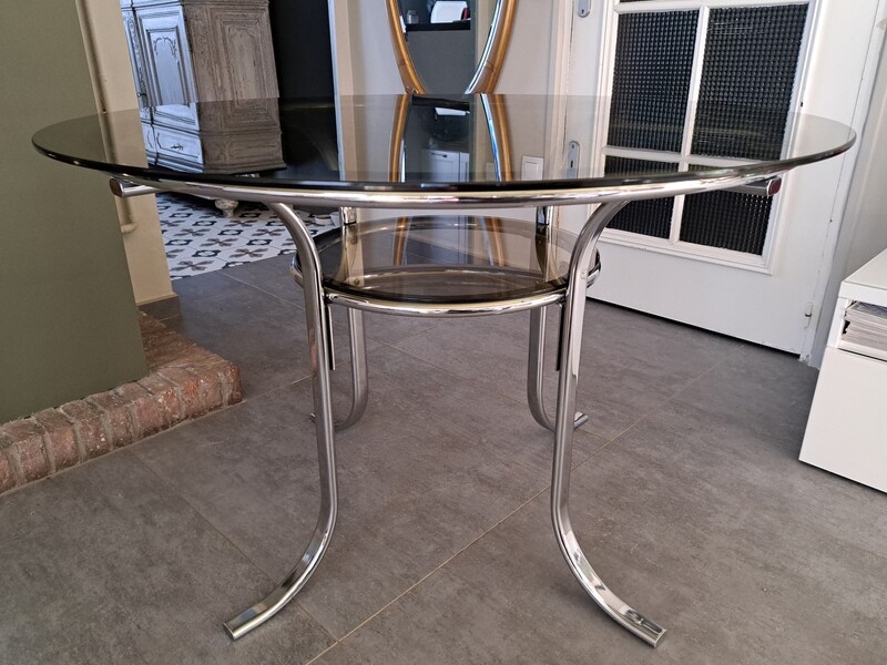 Chromed metal table with 2 smoked glass tops