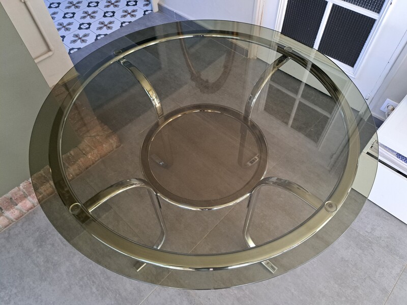 Chromed metal table with 2 smoked glass tops