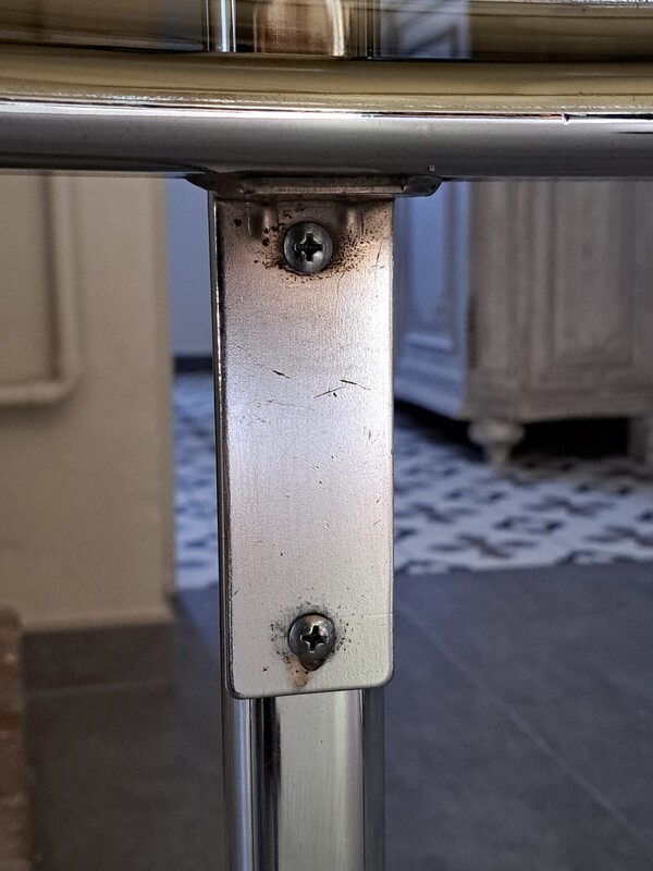 Chromed metal table with 2 smoked glass tops