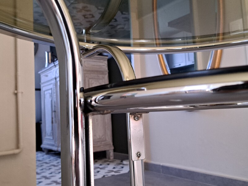 Chromed metal table with 2 smoked glass tops