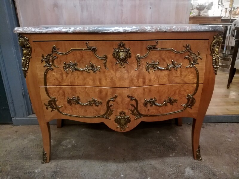 Elm burl and gilt bronze trim Louis XV style curved chest 