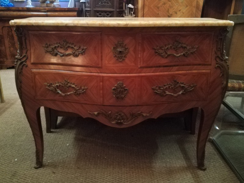 Rosewood and marble top Louis XV style galbed chest 