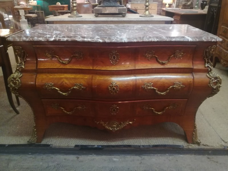 Regency style tomb chest of drawers in marquetry and marble