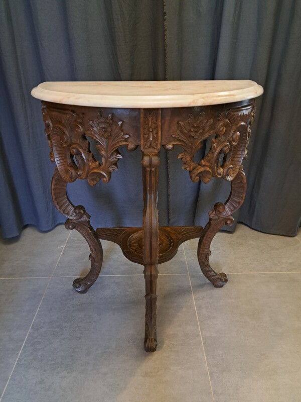 Walnut and marble top Louis XV style half moon console