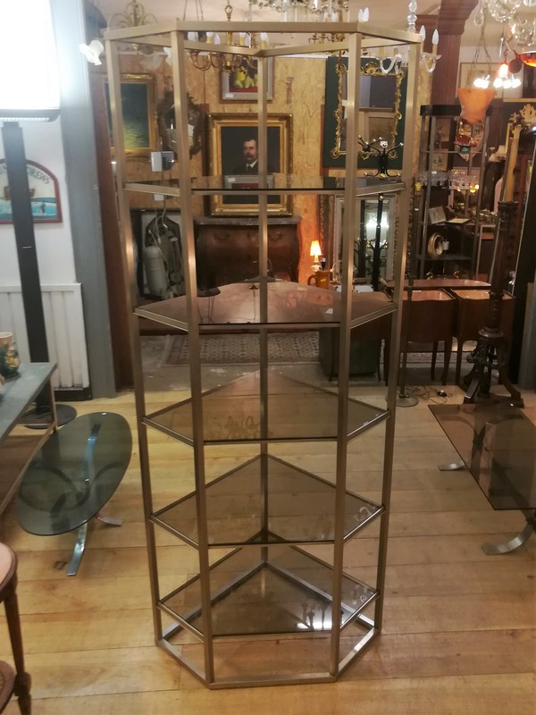 Corner shelf in chromed metal and smoked glass