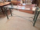 Dark green lacquered wrought iron console table with glass top