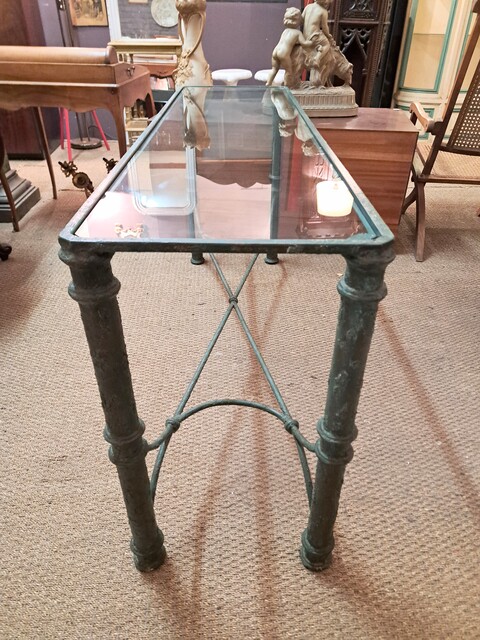 Dark green lacquered wrought iron console table with glass top
