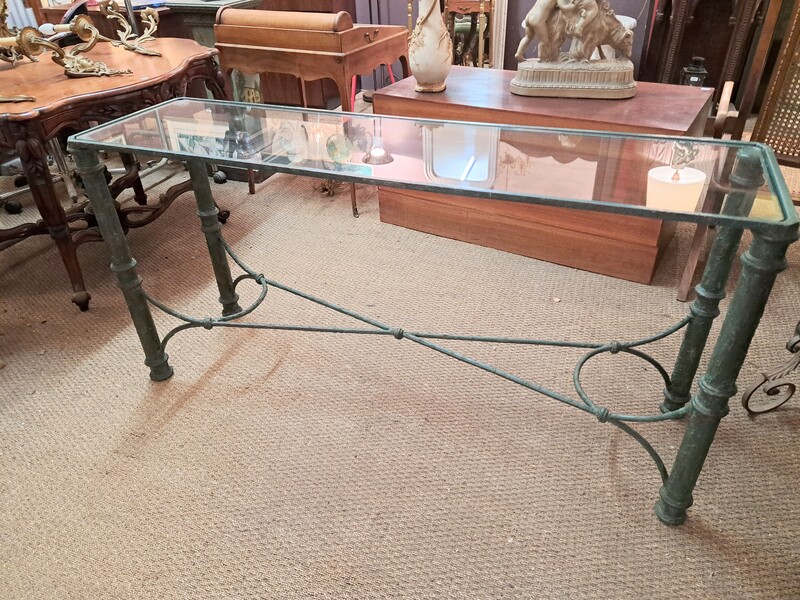 Dark green lacquered wrought iron console table with glass top