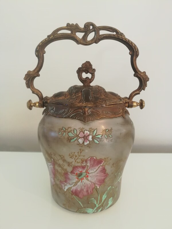 Enameled and frosted glass Legras art nouveau biscuit bucket