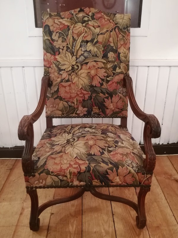 Walnut XVIIth century style upholstered armchair