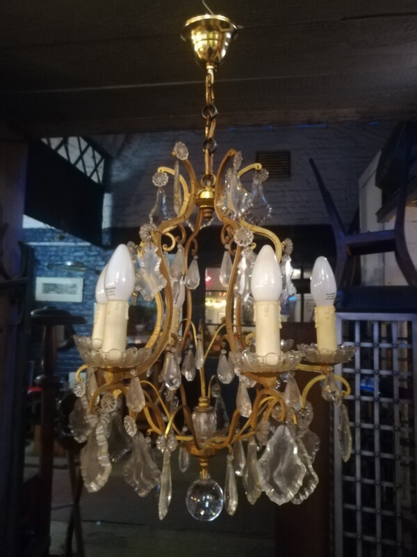 Glass tassels and gilded bronze cage 6 lights chandelier