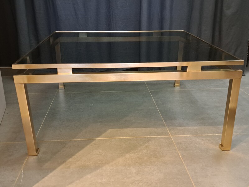 Guy Lefevre gilt brass and smocked top glass square table