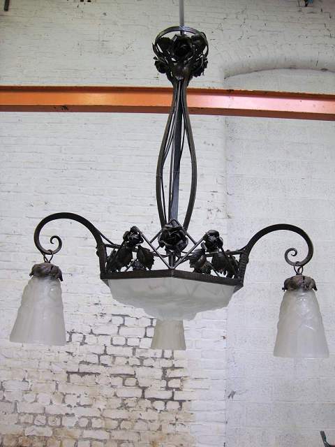 Iron wrought art deco pressed glass signed