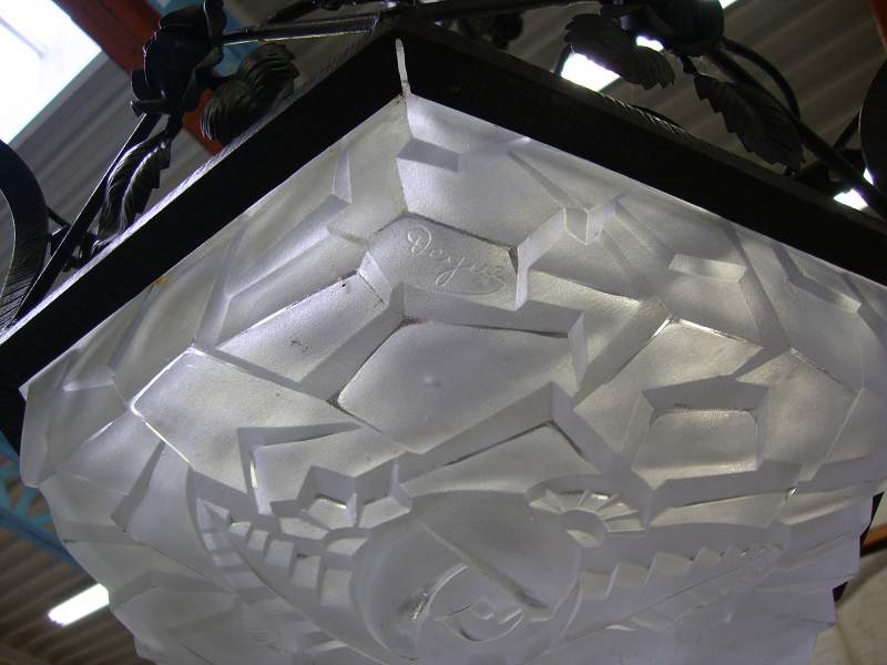 Iron wrought art deco pressed glass signed