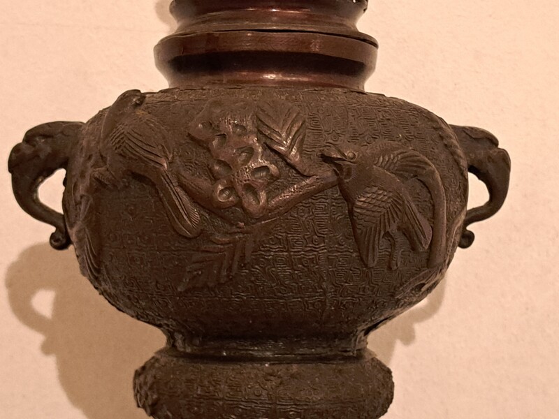 Japanese bronze incense burner with a dark patina