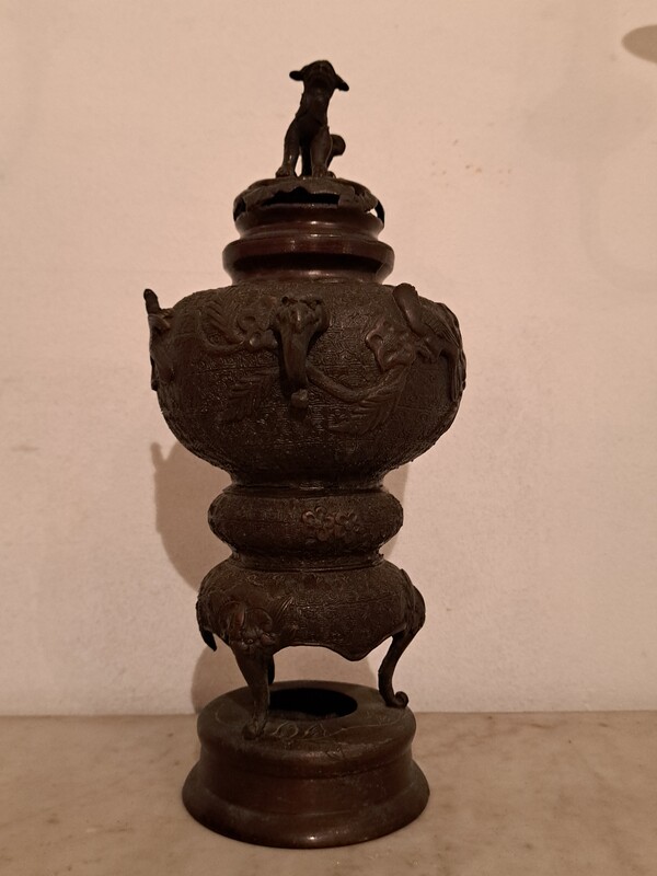 Japanese bronze incense burner with a dark patina