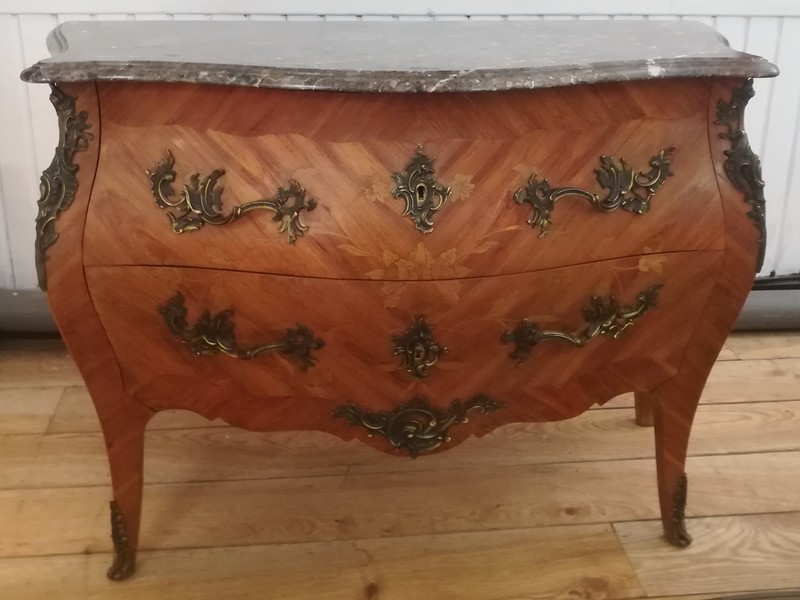 Louis XV style marquetry and marble curved chest 