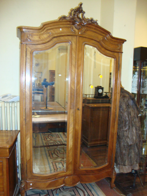 Louis XV style walnut veneer 2 mirror doors wardrobe