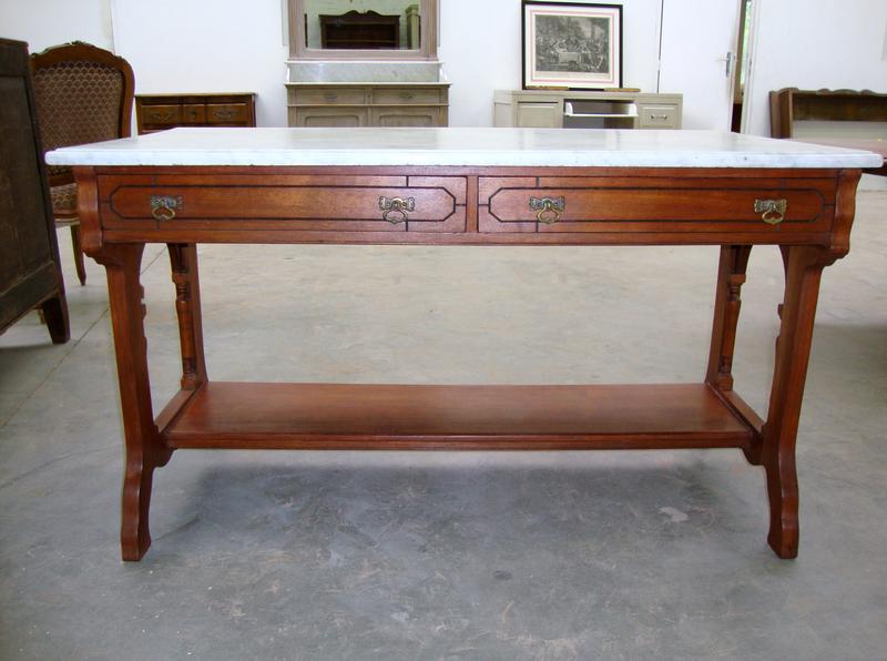 Mahogany and marble top table with 2 drawers
