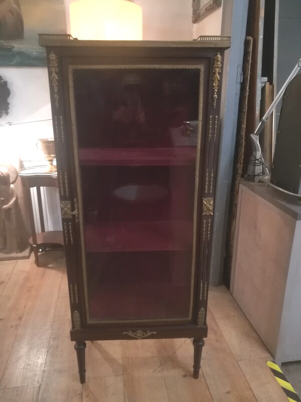 Mahogany, gilt bronze and marble top Louis XVI style glass cabinet