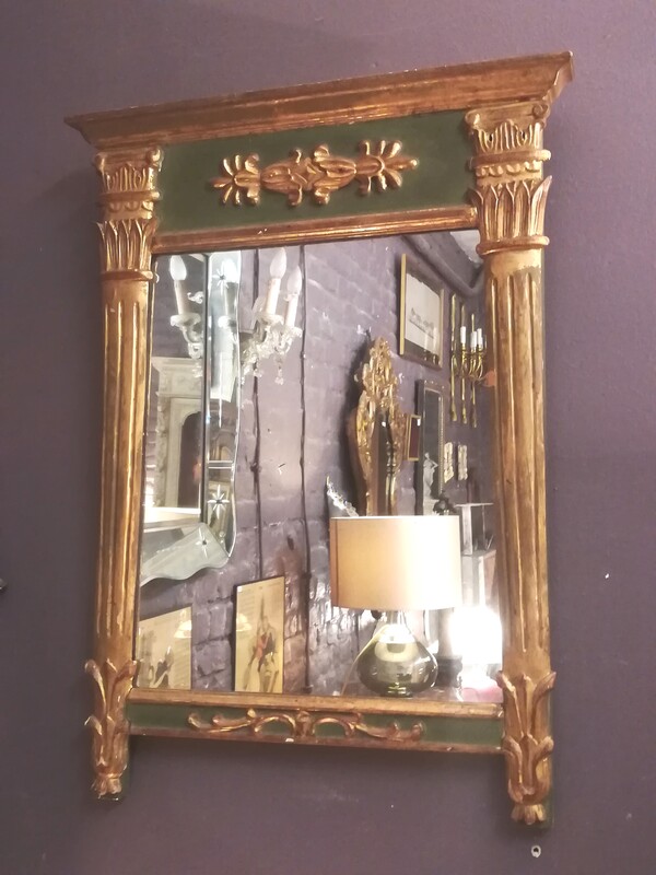 Gilded and dark green wood pediment Restoration style mirror