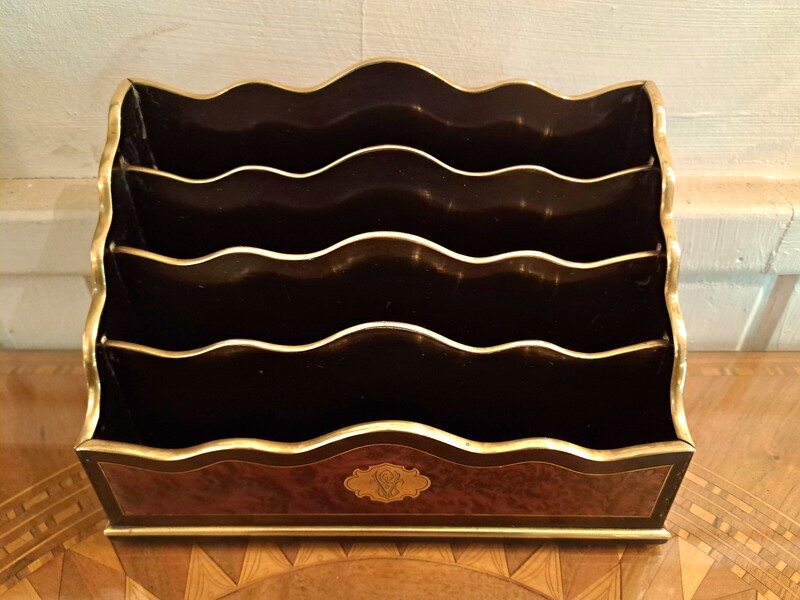 Napoleon III mail holder in blackened pear wood, thuja burl and brass