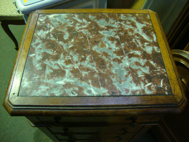 Oak 5 drawers high bedside cabinet marble top