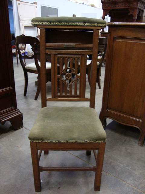Oak and green velvet church chair 
