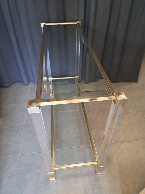 P. Vandel console in Lucite and aluminum/22-karat gold-plated metal