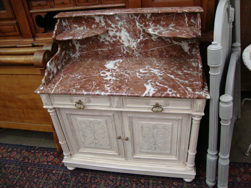 Painted coiffeuse with marble top and shelves