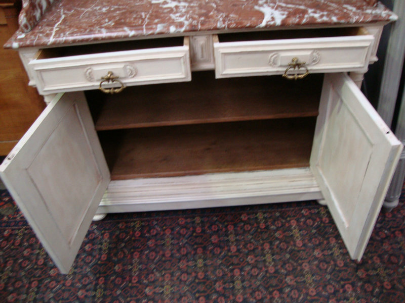 Painted coiffeuse with marble top and shelves