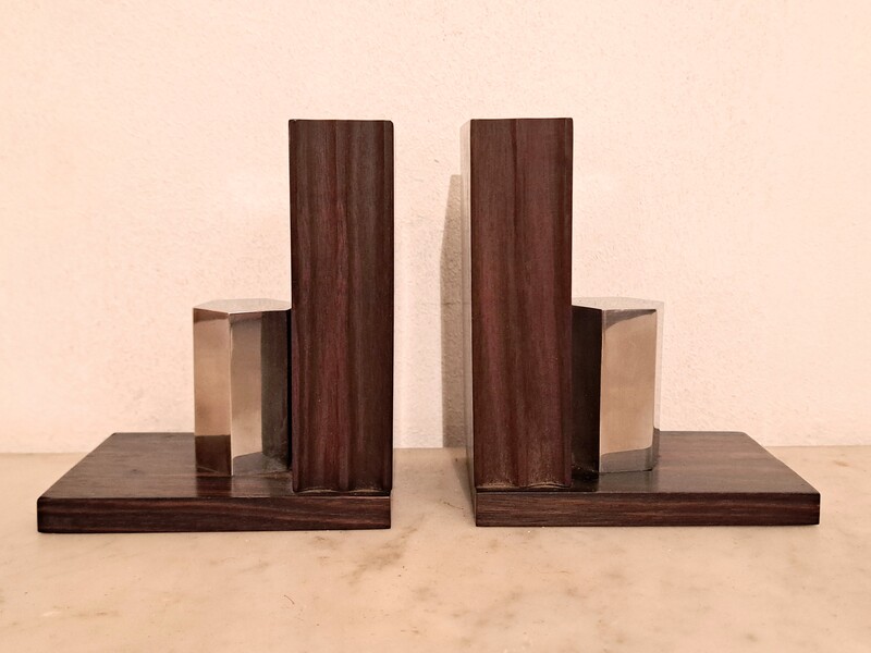 Pair of Art Deco bookends in Macassar ebony and chromed steel