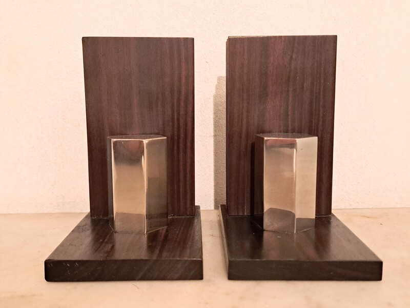 Pair of Art Deco bookends in Macassar ebony and chromed steel