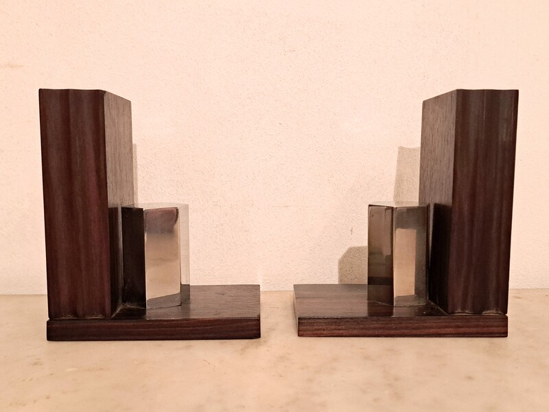 Pair of Art Deco bookends in Macassar ebony and chromed steel