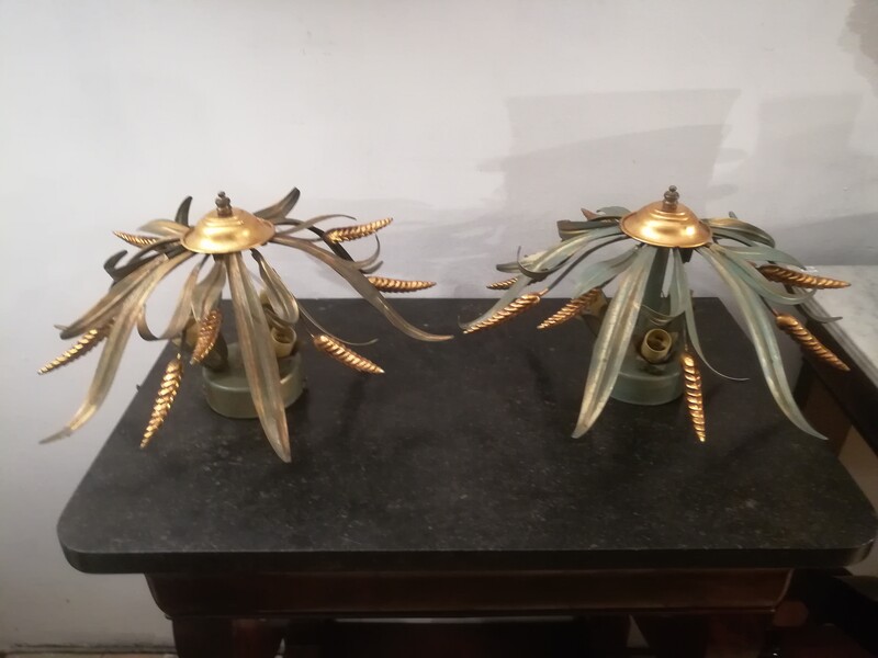 Pair of gold and dark green metal Masca ceiling lights
