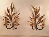 Pair of gold-plated metal leaf wall sconces