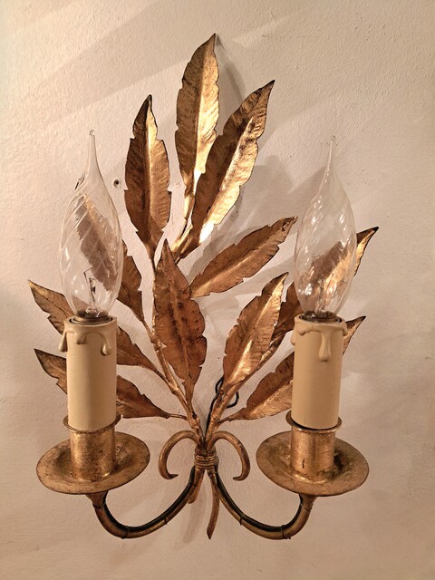 Pair of gold-plated metal leaf wall sconces