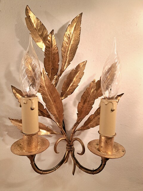 Pair of gold-plated metal leaf wall sconces