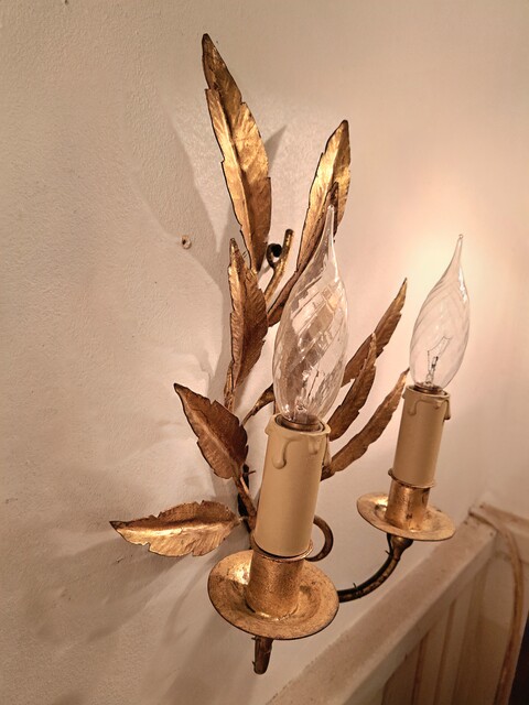 Pair of gold-plated metal leaf wall sconces