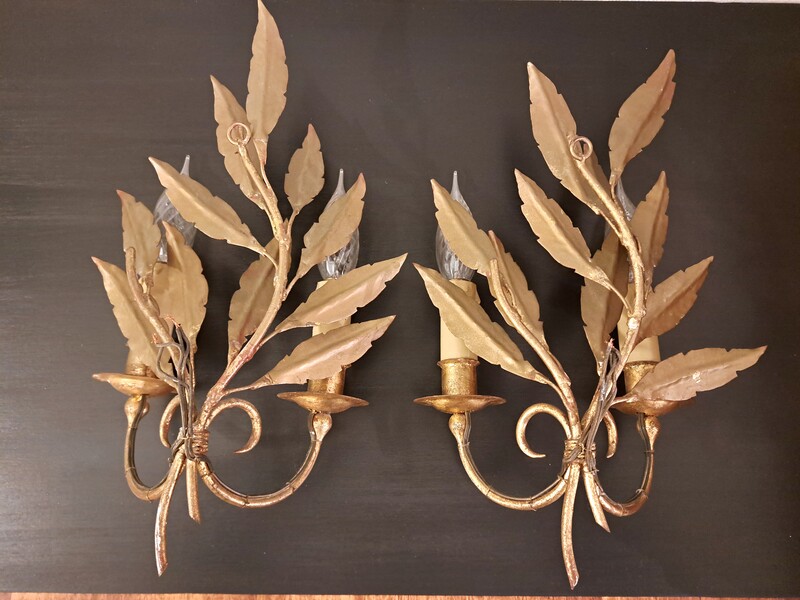 Pair of gold-plated metal leaf wall sconces